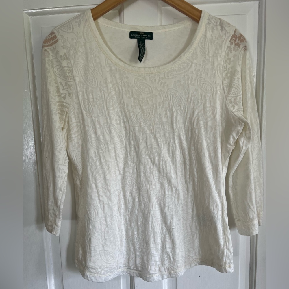 LRL Ralph Lauren Medium Burnout Paisley Lined Knit 3/4 Sleeve Casual Top